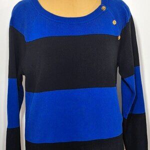 Lauren Ralph Lauren Womens Sweater Size 3X Black Blue Stripe Ribbed Gold Buttons